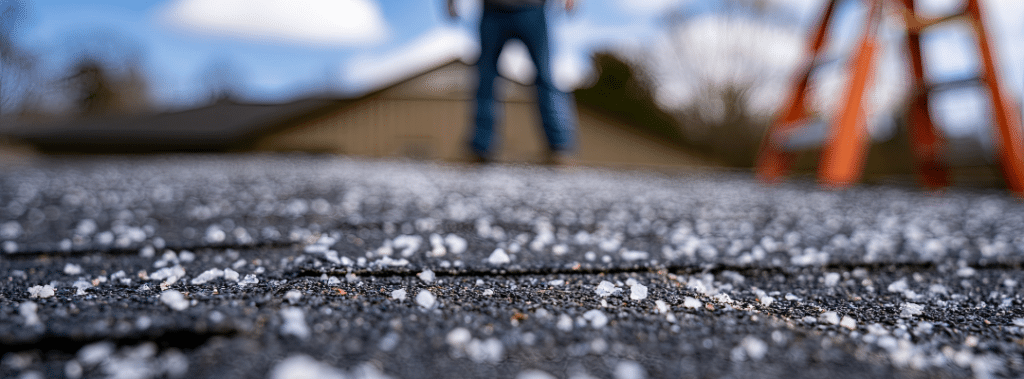 roofer standing on roof with hail