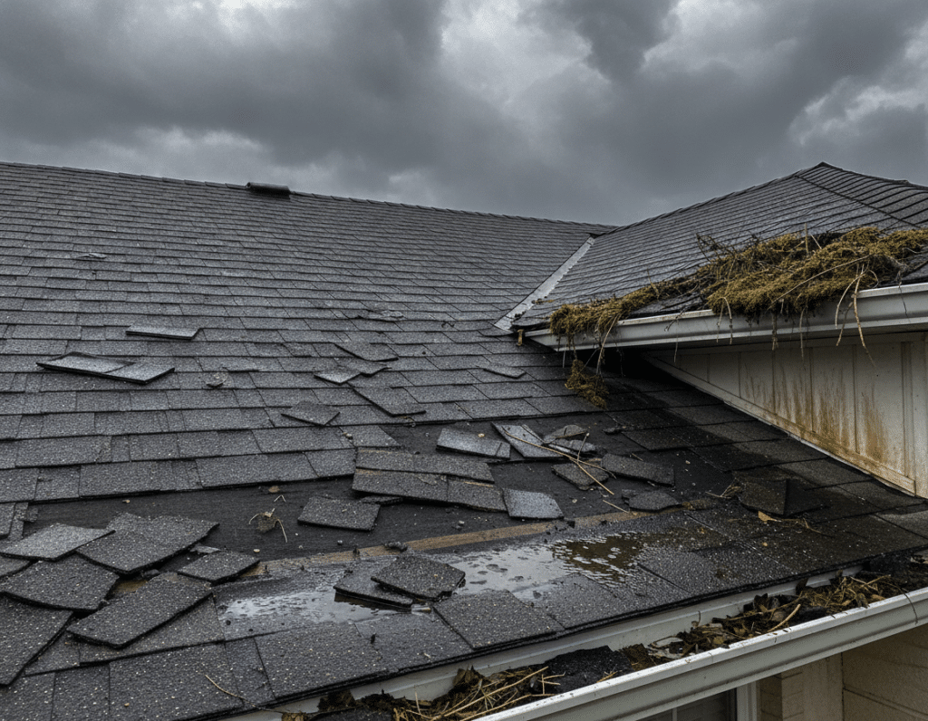Signs of storm damage on a roof
