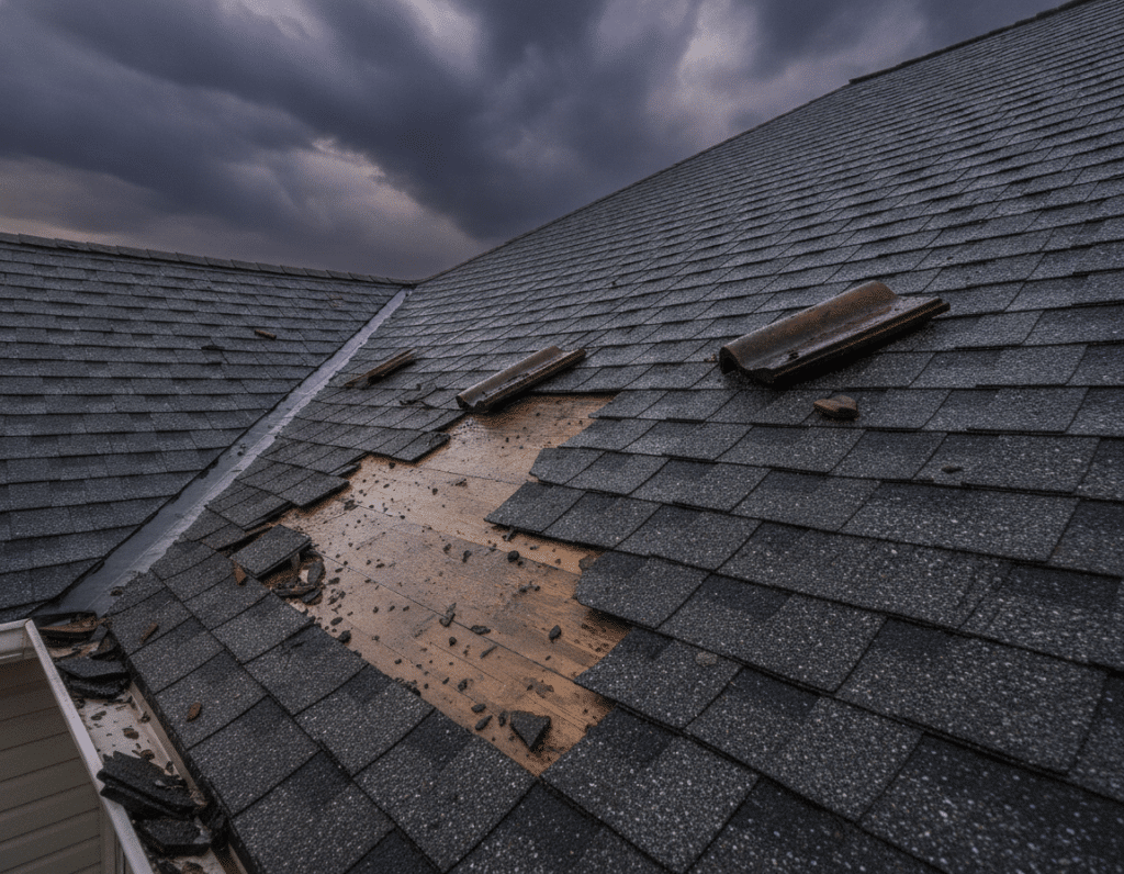 Signs of storm damage on a roof